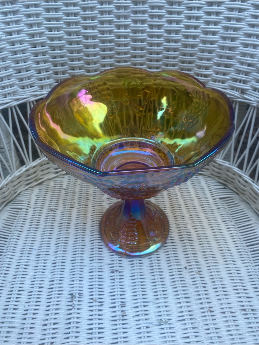 Vintage Amber Iridescent Gold
Carnival Indiana Glass Harvest
Pedestal Bowl - Picture 2 of 16